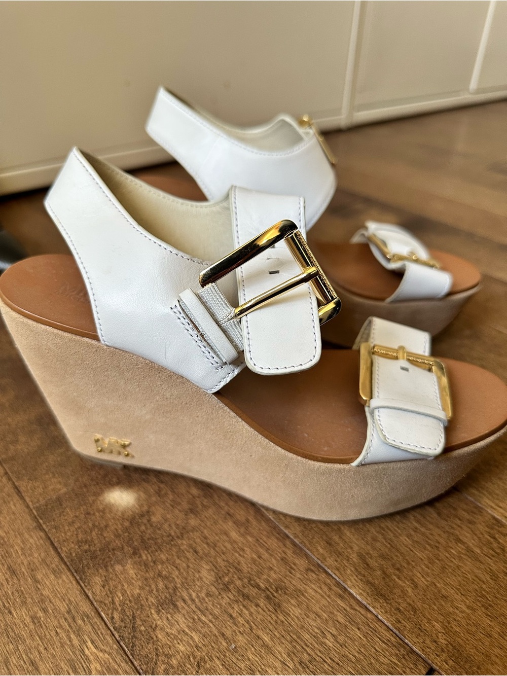Michael Kors White Leather Wedge Sandals with Gold Buckles